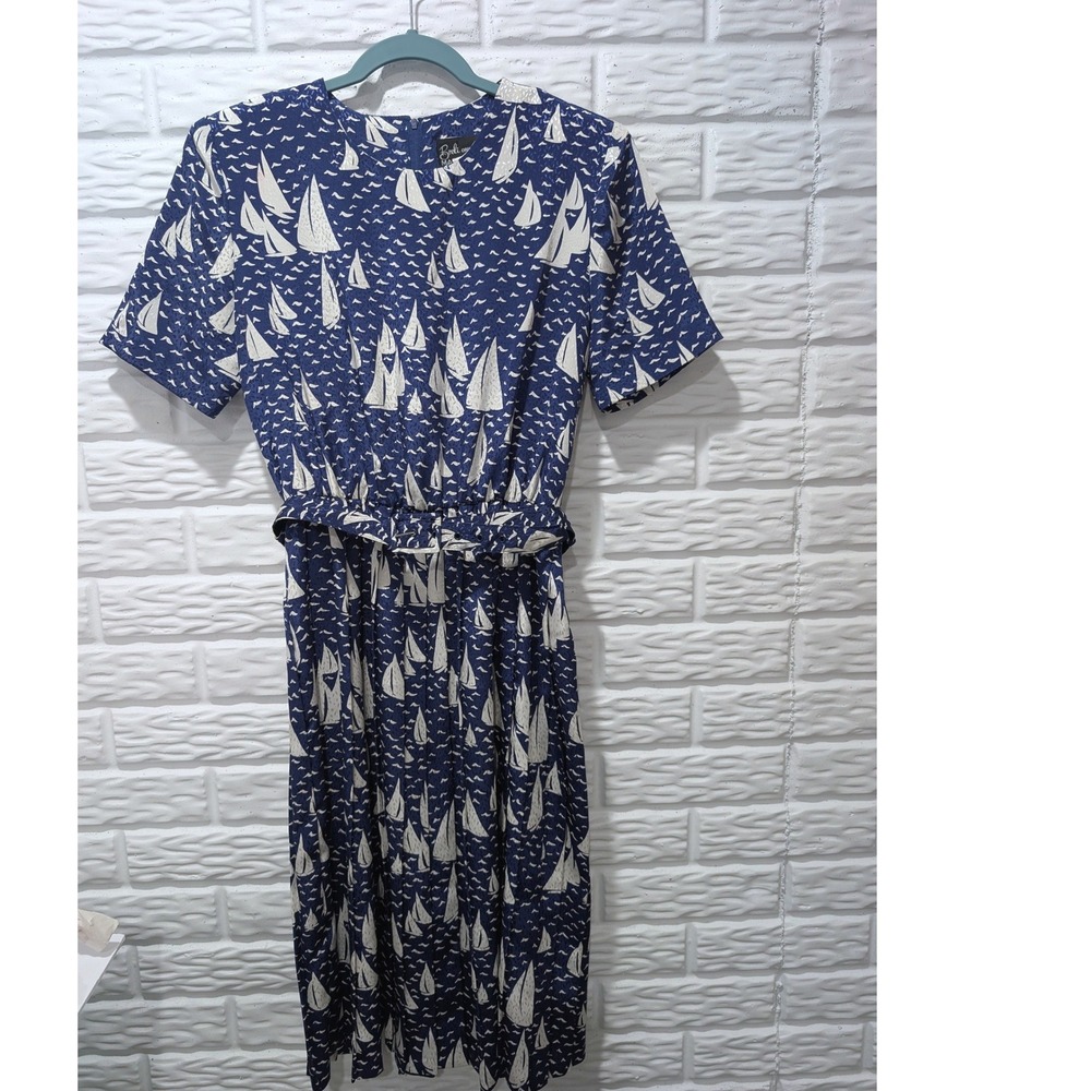 Vintage Breli Originals Sailboat Print Midi Dress Navy Blue Short Sleeve Belted